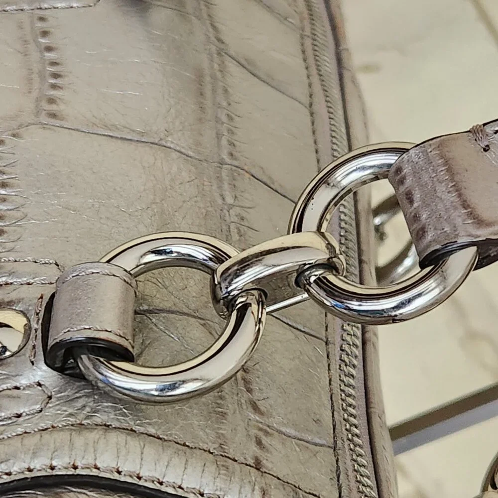 Euc Coach Ashley Crocodile Embossed Silver Leather Shoulder Bag